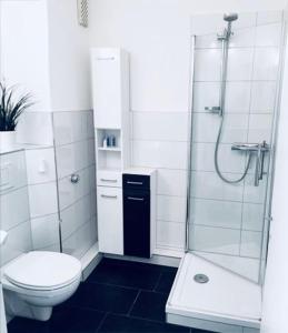 a white bathroom with a toilet and a shower at Sealine Laboe in Laboe