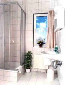 a bathroom with a shower and a sink at Hotel garni Zur Mühle in Angermünde