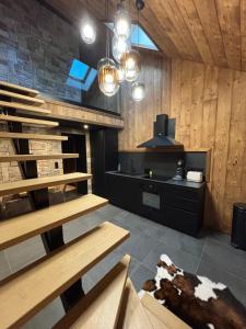 een woonkamer met een open haard en houten wanden bij L'Oxalis villa, l'Edelweiss in Bonnelles +12 foto's