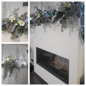 two pictures of a fireplace with flowers and christmas decorations at Luxury Appartement Marz, Europa Park-Rulantica in Mahlberg