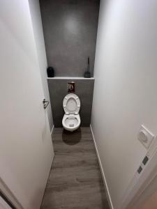 Un baño pequeño con inodoro en un pasillo en Loft 6 pers Chaleureux avec Patio et Wifi, en Ceyrat