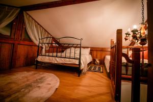 ein Schlafzimmer mit einem Bett und einem Stuhl in einem Zimmer in der Unterkunft La Cascade - Casa de vacanta in Fîntînele