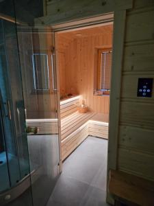 een lege sauna met een douche en een raam bij Złoto Jedla in Białka Tatrzanska +41 foto's
