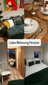 a collage of pictures of a living room and a bedroom at Liebe Wohnung Pension in Penig +12 photos