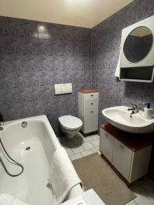 a bathroom with a tub and a toilet and a sink at Liebe Wohnung Pension in Penig