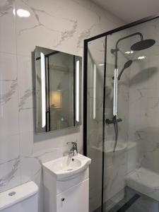 une salle de bain blanche avec lavabo et douche dans l'établissement Green apartment, à Jelgava 7 autres photos