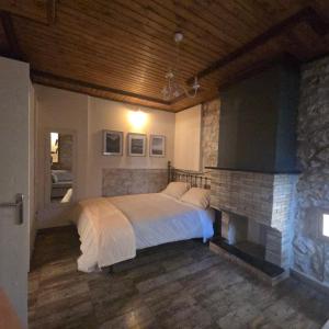 een slaapkamer met een bed en een open haard bij Κτήμα Βασίληγιάννη 