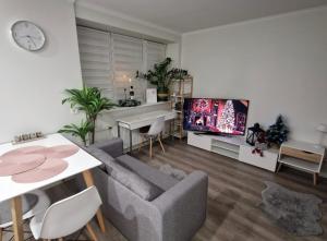 a living room with a couch and a tv at Studio seaside apartment in Liepāja