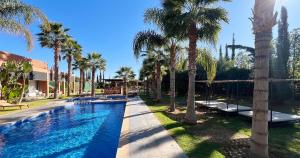 uma piscina com palmeiras em um resort em Maison d'Hotes Oasis Marrakech Route dOuarzazate em Oulad Akkou