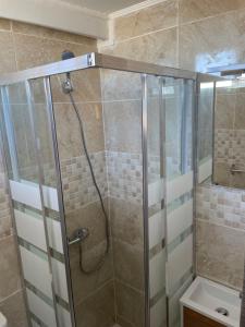 a shower with a glass door in a bathroom at Piso trabajo Rocafort 2 in Madrid +16 photos