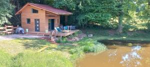 a log cabin next to a body of water at La cabane sur l'étang in Étival-Clairefontaine +9 photos
