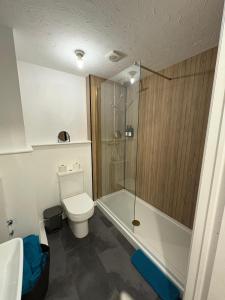 a bathroom with a tub and a toilet and a shower at The Apartment in Northallerton