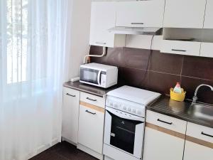 Butas Putinuose في أليتس: مطبخ مع دواليب بيضاء وميكرويف