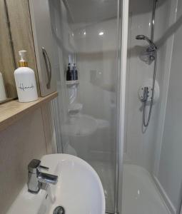 Sea View Chalet Steps from Durdle Door Sleeps 6 في ويست لولوورث: حمام مع دش ومرحاض ومغسلة +4 صور