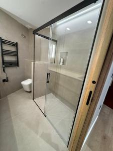 een glazen douche in een badkamer met toilet bij EUROPA Dúplex reformado en verano25 in Sierra Nevada +18 foto's