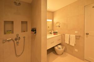 a bathroom with a shower and a sink at Les Ilets De La Plage in Gustavia