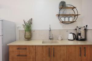 a kitchen with a sink and a vase of flowers at Melony Tsfat in Safed +4 photos