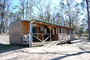 a small wooden cabin with a porch in the woods at Gumleaves Bush Holidays in Little Swanport