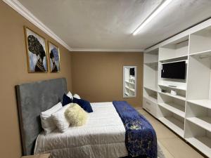 une chambre avec un lit, une télévision et des étagères dans l'établissement VinVid Harties Guest House, à Hartbeespoort