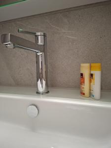 een gootsteen met een kraan en twee flessen tandpasta bij Summit View Apartment in Spiez