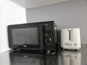 een magnetron op een aanrecht bij Summit View Apartment in Spiez +40 foto's