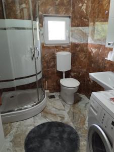 a bathroom with a shower and a toilet and a sink at Apartman Mona Liza Banja Luka in Božići