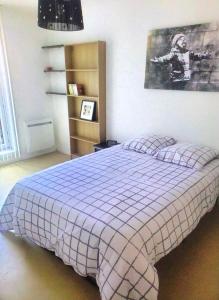 Un dormitorio con una cama con una manta a cuadros. en Les terrasses de Gravelines, en Gravelines