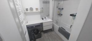 y baño con ducha y lavadora. en Les terrasses de Gravelines, en Gravelines