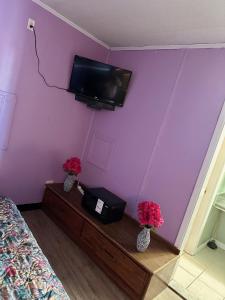 una camera da letto con TV su una parete viola di Riverside inn motel a Plymouth
