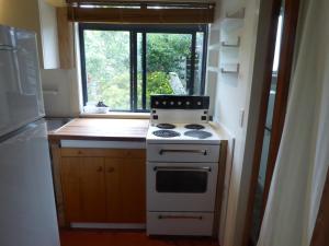 a small kitchen with a stove and a window at Dragon's Den - self contained unit in Takaka