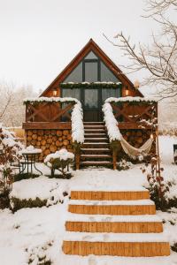 una cabaña de madera en la nieve con un conjunto de escaleras en Tasia's Cottage, en Tsalka