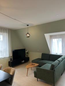 a living room with a couch and a tv at Maisonette am Bodensee - Parking - Hoher Komfort in Rorschach