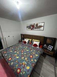 Un dormitorio con una cama con un edredón colorido. en Apparemment 3 pièce Strasbourg Ilkirch graffenstaden, en Illkirch-Graffenstaden