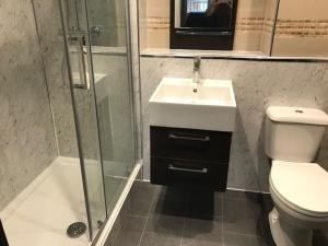 a bathroom with a toilet and a sink and a shower at Contractors LONG TERM BOOKINGS in London