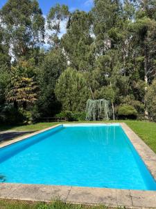 una piscina en un patio con una fuente en Casas da Casa do Telhô, en Celorico de Basto