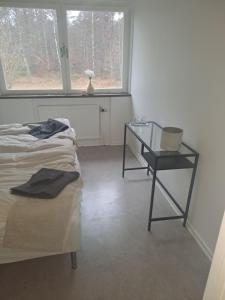 a room with a bed and a glass table at Selmas Pensionat in Vittsjö