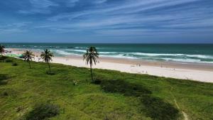 a beach with palm trees and a group of people at Aloha flats in Marechal Deodoro