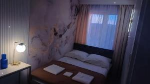a small bed in a room with a window at Blue Royal Luxury Apartment z HBO Max in Tarnów +4 photos