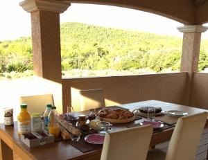 a table with a plate of food on it with a view at La Villa aux Oliviers in Le Val