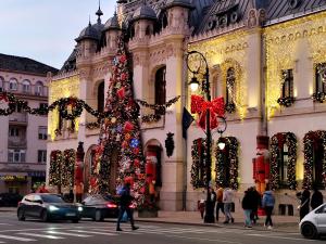 a christmas tree in front of a building at UltracentrART in Craiova