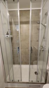 a shower with a glass door in a bathroom at Espectacular, moderno, 2D2B, con estacionamiento in Los Ángeles