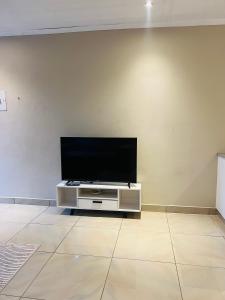 Emgwenyeni Guest house في منزيني: تلفزيون بشاشة مسطحة جالس فوق جدار