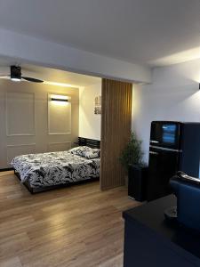 ein Zimmer mit einem Bett und einem Kühlschrank darin in der Unterkunft Charmant Studio Neuf, Hypercentre, Parking, Balcon in Straßburg