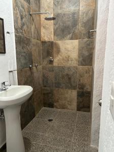 a bathroom with a shower with a toilet and a sink at Casa Regina in Tepoztlán