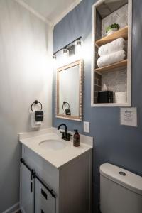 阿森斯Charming Hideaway 1 BR APT 10 min to UGA的带水槽、镜子和马桶的浴室