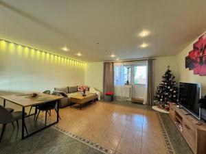 a living room with a christmas tree in it at Gusterita Hideaway in Sibiu
