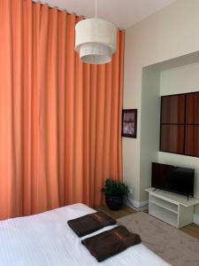 サントメールにあるMaison L'Esperance chic et calmeのベッドと大きなオレンジ色のカーテンのある寝室