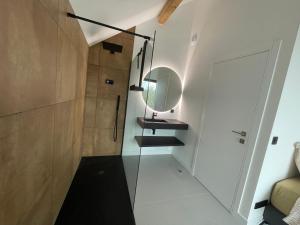 baño con ducha a ras de suelo y espejo en Incroyable vue, en Bouliac