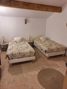 a bedroom with two beds and two tables and a rug at Maison type T3 à Ventabren in Ventabren +3 photos