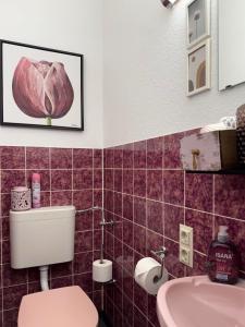 a bathroom with a pink toilet and a sink at Ferienwohnung-Maren in Marienleuchte